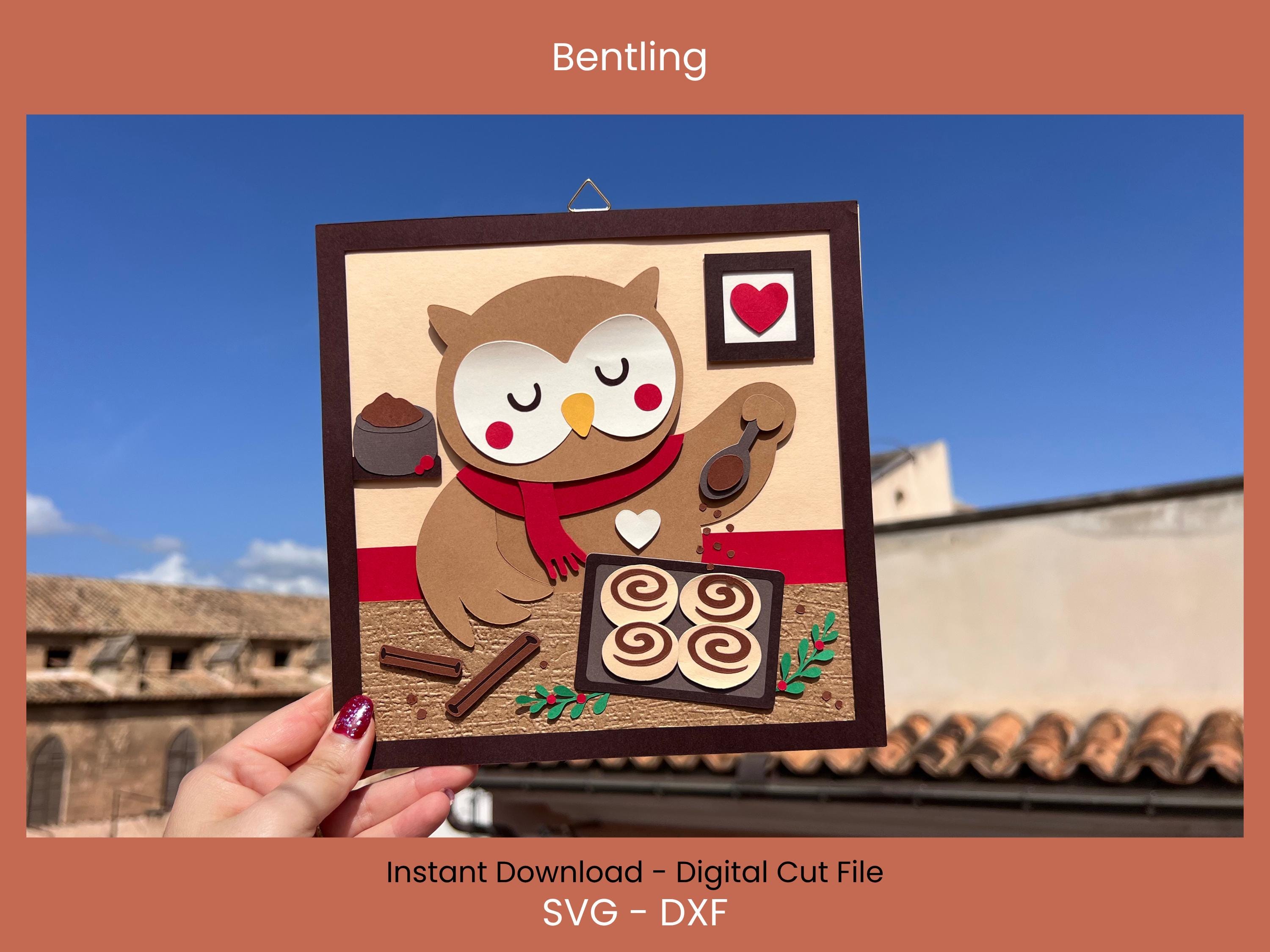 Christmas Owl Baking Cinnamon Rolls SVG DXF, Layered Paper Square Sign, Holiday Kitchen Wall/Door De