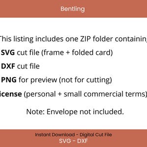 May include: Digital cut file listing with text: 1 SVG cut file, 1 DXF cut file, 1 PNG for preview, and a license. The text also states that the envelope is not included. The background is a light orange color.