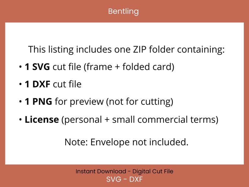 May include: Digital cut file listing with text: 1 SVG cut file, 1 DXF cut file, 1 PNG for preview, and a license. The text also states that the envelope is not included. The background is a light orange color.