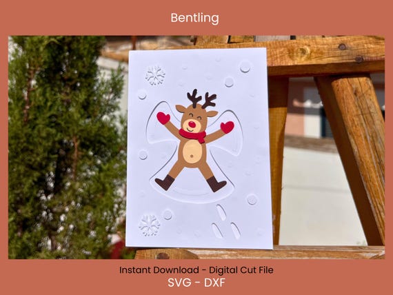 Reindeer Snow Angel Christmas Greeting Card SVG DXF: Layered Paper Frame (Digital Cut File)
