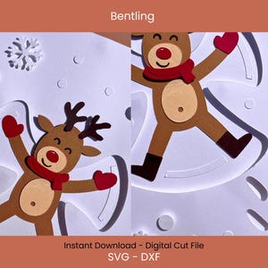 May include: A papercraft design featuring two reindeer making snow angels. The reindeer are brown with red mittens, a red scarf, and a red nose. The image includes the text "Bentling" and "Instant Download - Digital Cut File SVG - DXF".