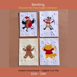 May include: Four Christmas-themed cards featuring embossed designs of snow angels. The cards showcase a robin, reindeer, gingerbread man, and cat, all making snow angels. The text "Bentling Discover the Snow Angels Collection" is at the top, with "Instant Download - Digital Cut File SVG - DXF" at the bottom.
