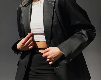 Manteau blazer en cuir pour femme, manteau long en cuir de mouton noir, manteau long en cuir naturel souple, cuir souple, cadeau pour Pâques, cadeau pour elle,