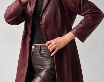 Women Classic Oversized Maroon Leather Trench Coat, Soft Natural Leather Long Coat, Soft Leather ,Gift for Easter, Gift for her,