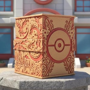 Op de afbeelding: Een bruine doos met rode accenten, met een cirkelvormig ontwerp en ingewikkelde draken- en stadsgezichtpatronen. De doos staat op een stenen voetstuk in een stadspleinsetting.