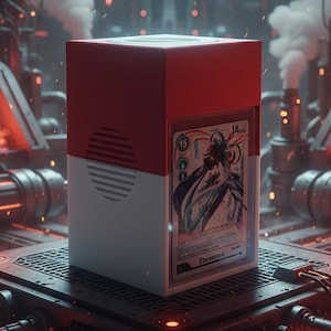 Op de afbeelding: Een rode en witte kaartenopbergdoos met een kaart met een karakterillustratie. De doos staat in een futuristische, industriële omgeving met vurige elementen en stoom.