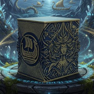 May include: A detailed digital painting of a treasure chest on a pedestal in a mystical cave. The chest is adorned with intricate carvings and a ship emblem. The scene is illuminated by glowing crystals and ethereal light, creating a fantasy theme.
