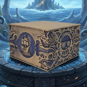 Könnte beinhalten: Eine dekorative Box mit nautischem Thema, mit einem Schiff und aufwendigen Designs in Blau und Gold. Die Box befindet sich vor einem Fantasy-Hintergrund aus Meereswellen, antiken Ruinen und einem Leuchtturm.