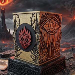 May include: A rectangular gold and black storage box featuring a raised red eye emblem on a circular black background. The box has intricate relief carvings of branches and a large eye motif on its side, resting on a black base with geometric patterns.