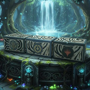 Op de afbeelding: Drie decoratieve dozen met ingewikkelde ontwerpen en symbolen, tegen een mystieke bosachtergrond met een waterval. De dozen zijn donker met gouden accenten en hebben verschillende emblemen. De scène is weelderig met gloeiende planten en een stenen platform.