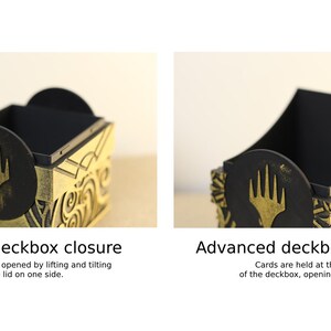 Peut inclure: Deux bo&icirc;tes de jeu avec diff&eacute;rents styles de fermeture. La bo&icirc;te classique a un couvercle qui se soul&egrave;ve et s'incline. La bo&icirc;te avanc&eacute;e s'ouvre verticalement. Les deux sont noires et dor&eacute;es avec un logo sur le c&ocirc;t&eacute;. Le texte indique "Fermeture classique" et "Fermeture avanc&eacute;e".