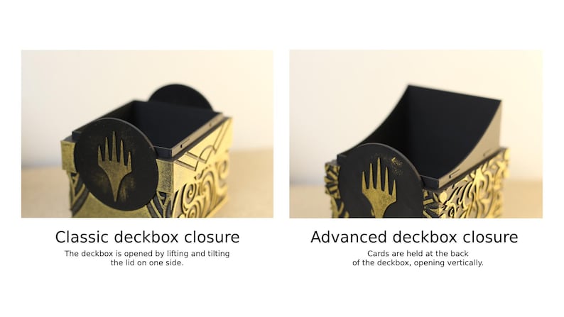 Peut inclure: Deux bo&icirc;tes de jeu avec diff&eacute;rents styles de fermeture. La bo&icirc;te classique a un couvercle qui se soul&egrave;ve et s'incline. La bo&icirc;te avanc&eacute;e s'ouvre verticalement. Les deux sont noires et dor&eacute;es avec un logo sur le c&ocirc;t&eacute;. Le texte indique "Fermeture classique" et "Fermeture avanc&eacute;e".