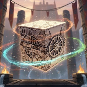 Può includere: Una scatola bianca con intricati disegni neri a linee, tra cui onde, fiamme e un emblema floreale. La scatola è circondata da energia vorticosa arancione, blu e verde, con un paesaggio fantasy sullo sfondo.