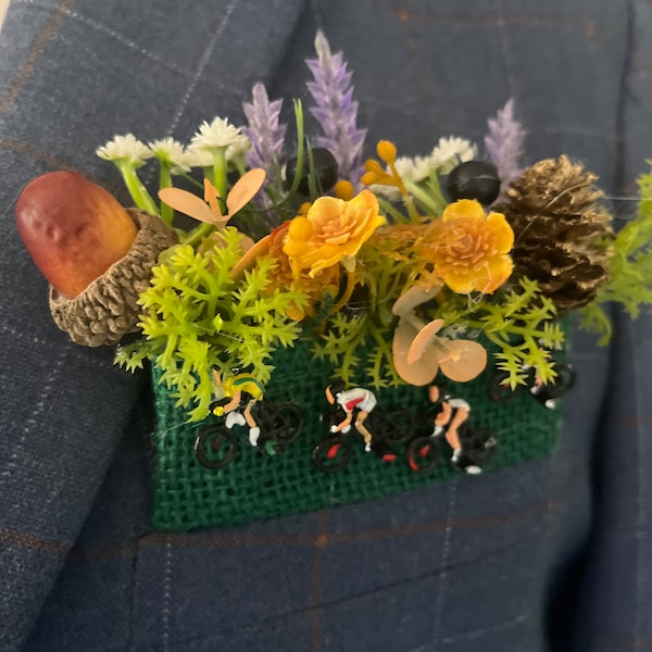 A Cyclist’s Dream Pocket Boutonnière. For all occasions, weddings, Proms and Christenings.Customised to suit colour scheme