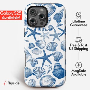 May include: A white phone case featuring a blue seashell and starfish pattern. The case has a glossy finish and a camera cutout. The text "Galaxy S25 Available!" is in a red box. The case is a Flipside product.