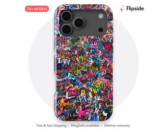 May include: A smartphone case featuring a vibrant, multi-colored graffiti pattern with overlapping letters, shapes, and abstract designs in shades of pink, blue, yellow, and black. The case includes a black camera cutout area at the top.