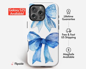 Elegant Blue Bow Phone Case | Coquette Bow Theme | For iPhone 14 15 16 Pro, Samsung Galaxy s23 s24 s25 Ultra, Google Pixel 7 8 9 Pro + more