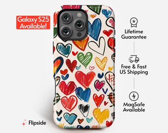 Estuche para teléfono con corazones y garabatos coloridos / Patrón de boceto de corazón dibujado a mano / Para teléfonos iPhone, Galaxy, Pixel y LG / Estuche resistente para teléfono con forro