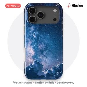 May include: A smartphone case featuring a dark blue night sky design with a visible Milky Way galaxy, scattered stars, and illuminated clouds at the bottom. The case has a rectangular camera cutout at the top and the text Flipside in the corner.