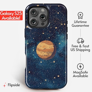 Puede incluir: Funda para smartphone con un diseño de galaxia azul oscuro con una ilustración de planeta. La funda tiene un acabado brillante e incluye el texto "Galaxy S25 Available!" y "Flipside".