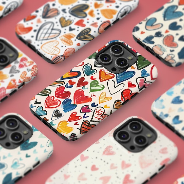 Colorful Doodles Hearts Phone Case | Hand Drawn Heart Sketch Pattern | For iPhone, Galaxy, Pixel and LG phones | Tough phone case with liner