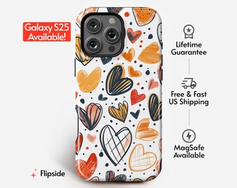 Estuche para teléfono con diseño de corazones dibujados a mano / Patrón de boceto de corazón dibujado a mano / Para teléfonos iPhone, Galaxy, Pixel y LG / Estuche resistente para teléfono con forro