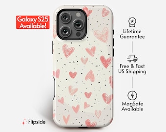 Estuche para teléfono con patrón de corazones y confeti / Patrón de boceto de corazón dibujado a mano / Para teléfonos iPhone, Galaxy, Pixel y LG / Estuche resistente para teléfono con forro