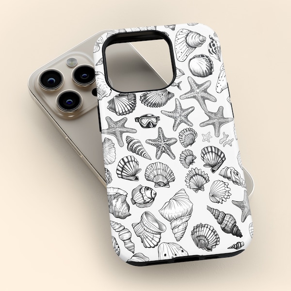 Nautical Monochrome Seashell Phone Case | Conch Shells & Starfish | iPhone 12 13 14 15 Pro, Galaxy s22 s23 s24, Google Pixel 6 7 8 Pro +more