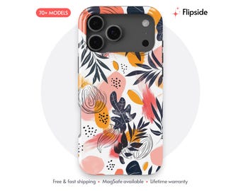 Pode incluir: Uma capa de smartphone com fundo branco e um padrão abstrato de folhas azul-marinho escuro, pinceladas rosa coral e formas amarelo-mostarda. O design inclui linhas pretas finas de espirais circulares e pequenos grupos de pontos.