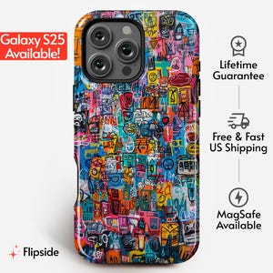 May include: A colorful phone case with a graffiti-style design. The case is compatible with MagSafe and features a camera cutout for a phone with a triple lens camera system.
