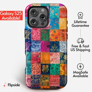 May include: A colorful phone case with a patchwork design featuring various floral patterns in shades of pink, blue, green, yellow, and orange. The case is compatible with MagSafe and has a lifetime guarantee.