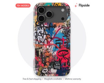 May include: A smartphone case featuring a vibrant graffiti-style design with layers of black, blue, red, and yellow paint splatters, abstract shapes, and handwritten text. The case has a cutout for a triple-lens camera system on the back.