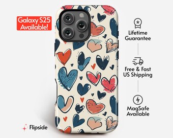 Estuche para teléfono con diseño de corazón dibujado a mano / Patrón de boceto de corazón dibujado a mano / Para teléfonos iPhone, Galaxy, Pixel y LG / Estuche resistente para teléfono con forro