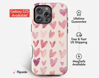 Sött telefonskal med akvarellhjärtmönster | Hjärtliknande kärleksklotter | Designerkonstskal för iPhone, Pixel och Galaxy S-telefoner | 7 designer tillgängliga