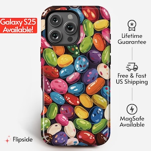 May include: A colourful phone case with a jelly bean pattern. The case is compatible with MagSafe and has a lifetime guarantee.