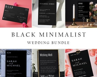 Black Minimal Wedding Bundle, DIY Wedding Stationery Set, Instant Download Invitation Template, Fine Art Suite