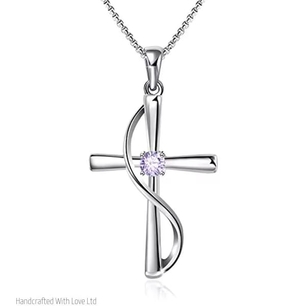 June Moonstone Birthstone Cross Necklace In Sterling Silver. Precious Moonstone Cubic Zirconia Stones  A Perfect Birthday Gift For Her