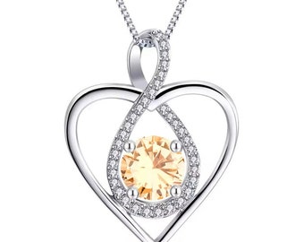 November Topaz Birthstone Pendant Necklace Forever Love Heart In Sterling Silver With Precious Cubic Zirconia Stones A Perfect Gift.
