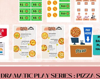 May include: A pizza shop dramatic play kit featuring printable menus, play money, topping checklists, and signage. The set includes graphics of pizzas, a cash register, and text such as ORDER HERE, PAY HERE, and DRAMATIC PLAY SERIES: PIZZA SHOP.