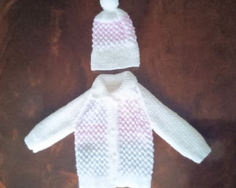 White Multi Coloured Cardigan & Hat (3 - 6 Months)