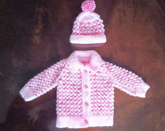 Cardigan et bonnet roses multicolores (3-6 mois)