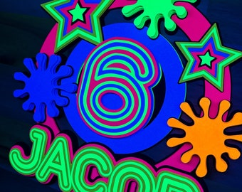 Neon Birthday Cake Topper, Party Decor, Black Light Party, Custom Made, Centerpiece