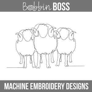 Maskinbroderidesign med 3 får, snabbstygn, minimalistisk i 8 storlekar för att passa bågar, direktnedladdning, broderifil, lågt stygnantal