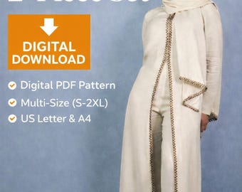 May include: A beige two-piece modest set, comprising a long jacket and wide-leg trousers, with gold trim. The image includes text: "PDF Sewing Pattern", "Modest 2-Piece Set", and "Digital Download". The pattern is multi-size (S-2XL) and US Letter & A4.