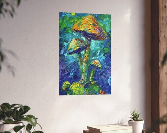 May include: A painting of three mushrooms with yellow, orange, and white caps. The mushrooms are painted in a vibrant, abstract style with thick brushstrokes. The background is a blue and green colour.