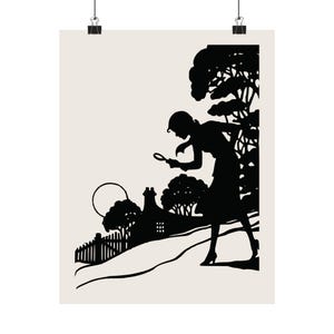May include: A black and white silhouette illustration of a person looking through a magnifying glass at a house in the distance. The person is standing in a field with trees and bushes.