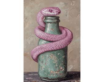 Pink Snake Coiled Bottle Poster Print, Cottagecore Gothic Art Decor, Matte Vertical Posters