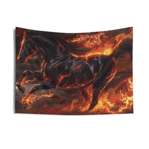 May include: A black horse with a flowing mane and tail is engulfed in flames. The horse is running forward with its head held high. The flames are a bright orange and yellow, and they are swirling around the horse.