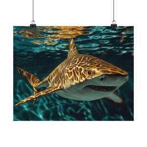 Shark Poster, Ocean Art Print, Matte Horizontal Wall Decor, Marine Life Print, Shark Painting, Sea Creature Artwork