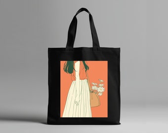 Chic tote bag, Daisy tote bag, Canvas tote bag daisy, daisy beach bag, doodle art drawing, daisy shoulder bag, daisy rose bag.
